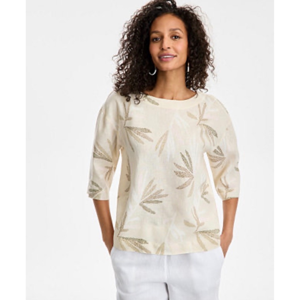 Charter Club Luxury Womens Small Linen Top Boat Neck 3/4 Sleeve Botanical Cream
